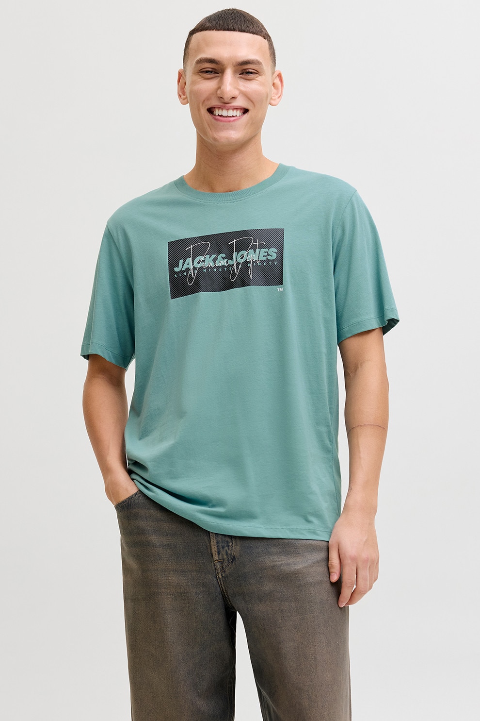 Jack & Jones, Tricou din bumbac cu imprimeu logo pe piept, Negru, Verde persan, XL
