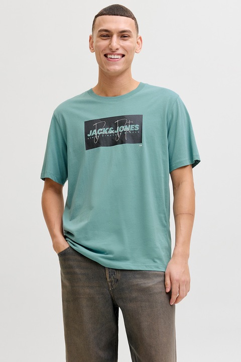 Jack & Jones, Tricou din bumbac cu imprimeu logo pe piept, Negru/Verde persan