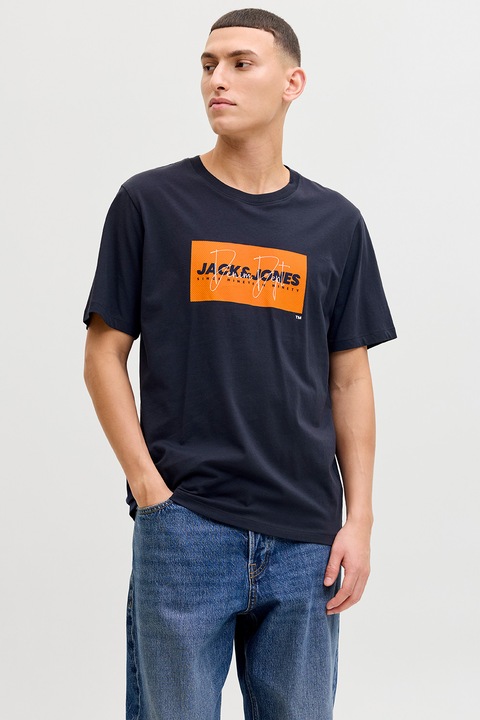 Jack & Jones, Tricou din bumbac cu imprimeu logo pe piept, Albastru ultramarin/Portocaliu mandarina