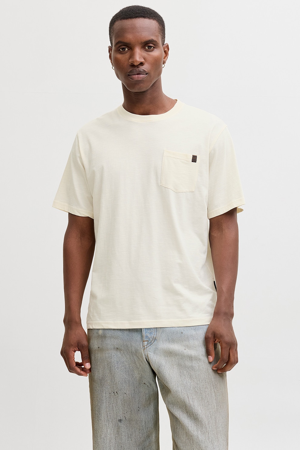 Jack & Jones, Tricou din amestec de bumbac organic cu buzunar aplicat pe piept, Crem, M