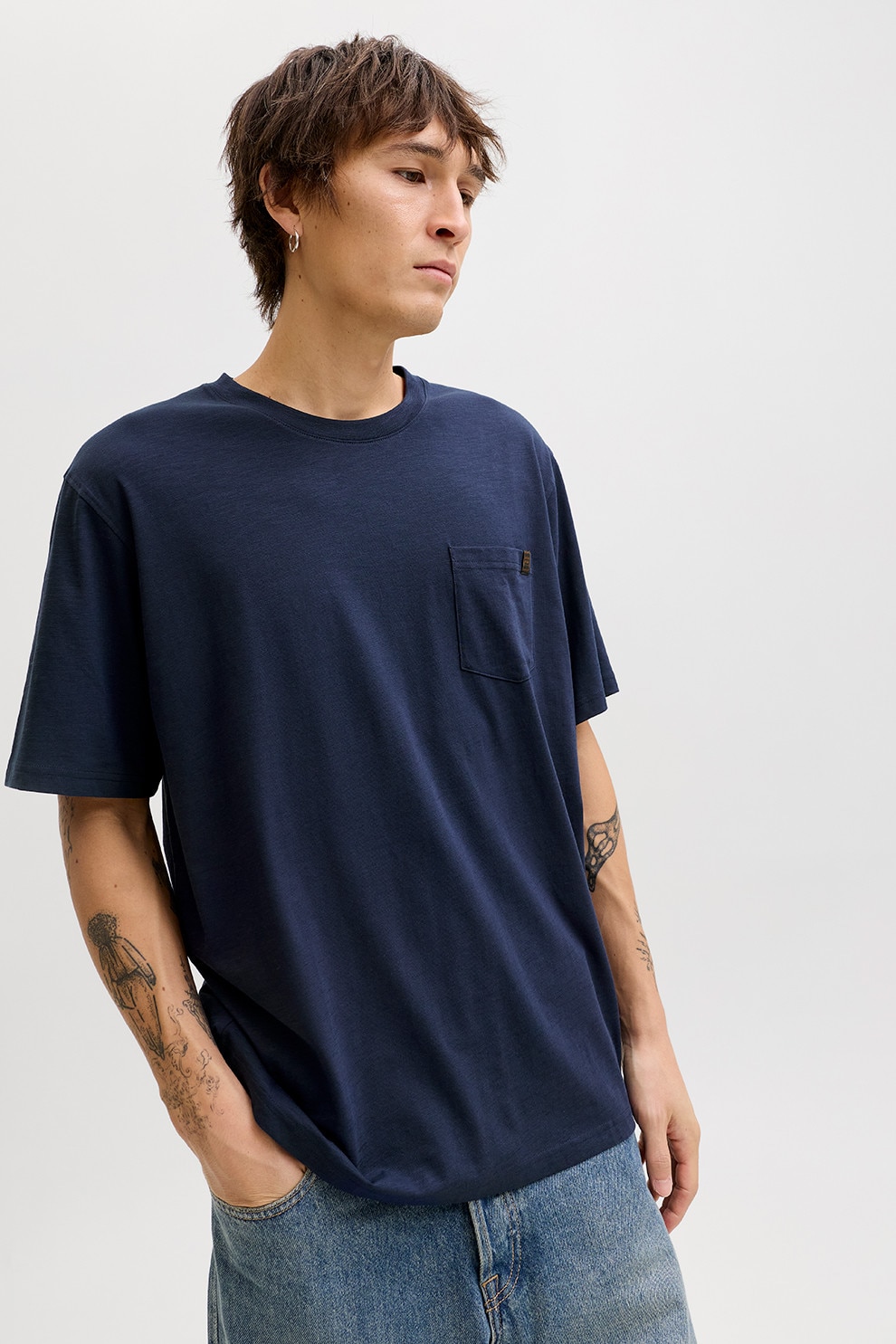 Jack & Jones, Tricou din amestec de bumbac organic cu buzunar aplicat pe piept, Bleumarin, 2XL