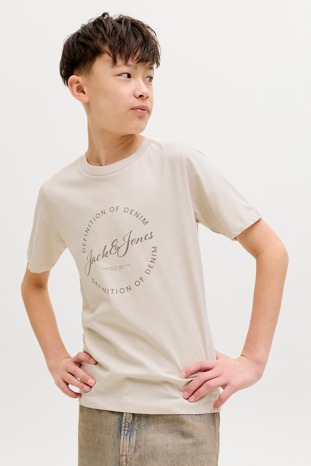 Jack & Jones, Tricou din bumbac cu imprimeu text, Bej deschis, 152 CM