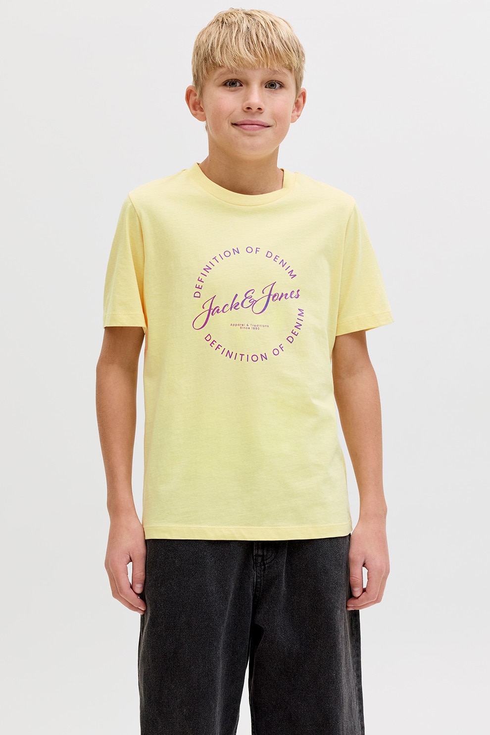 Jack & Jones, Tricou din bumbac cu imprimeu text, Galben pai, 152 CM