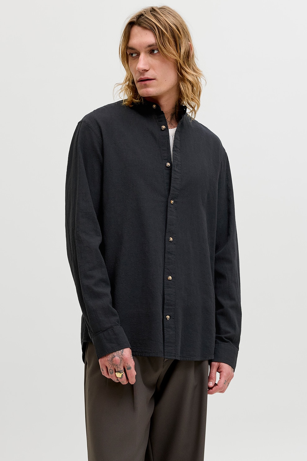 Jack & Jones, Camasa din amestec de bumbac organic si in, Negru stins, L