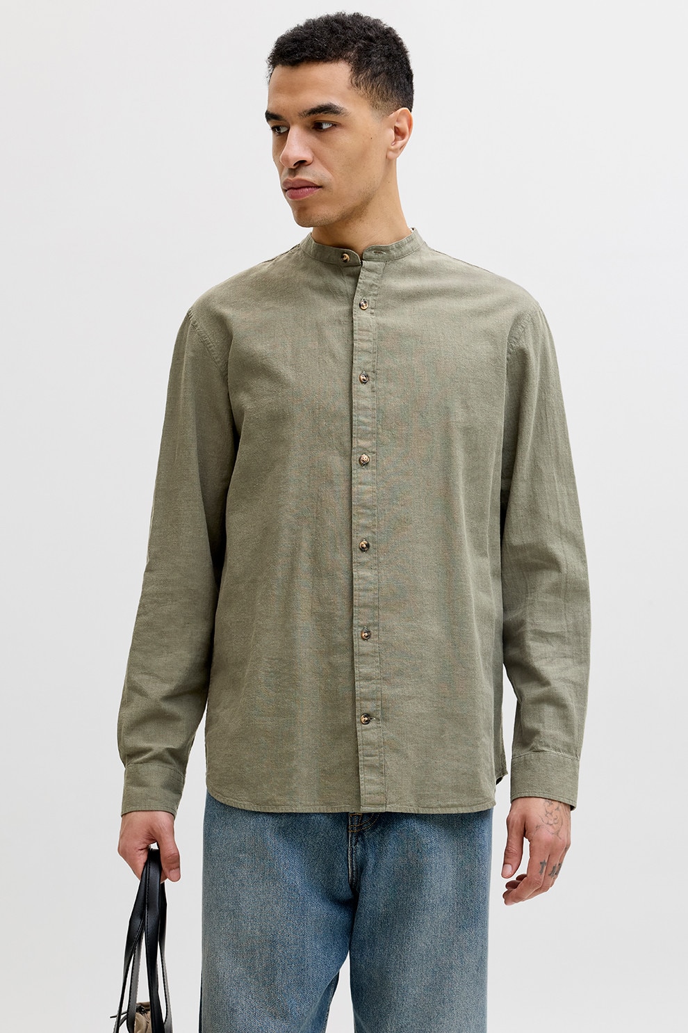Jack & Jones, Camasa din amestec de bumbac organic si in, Verde sparanghel, L