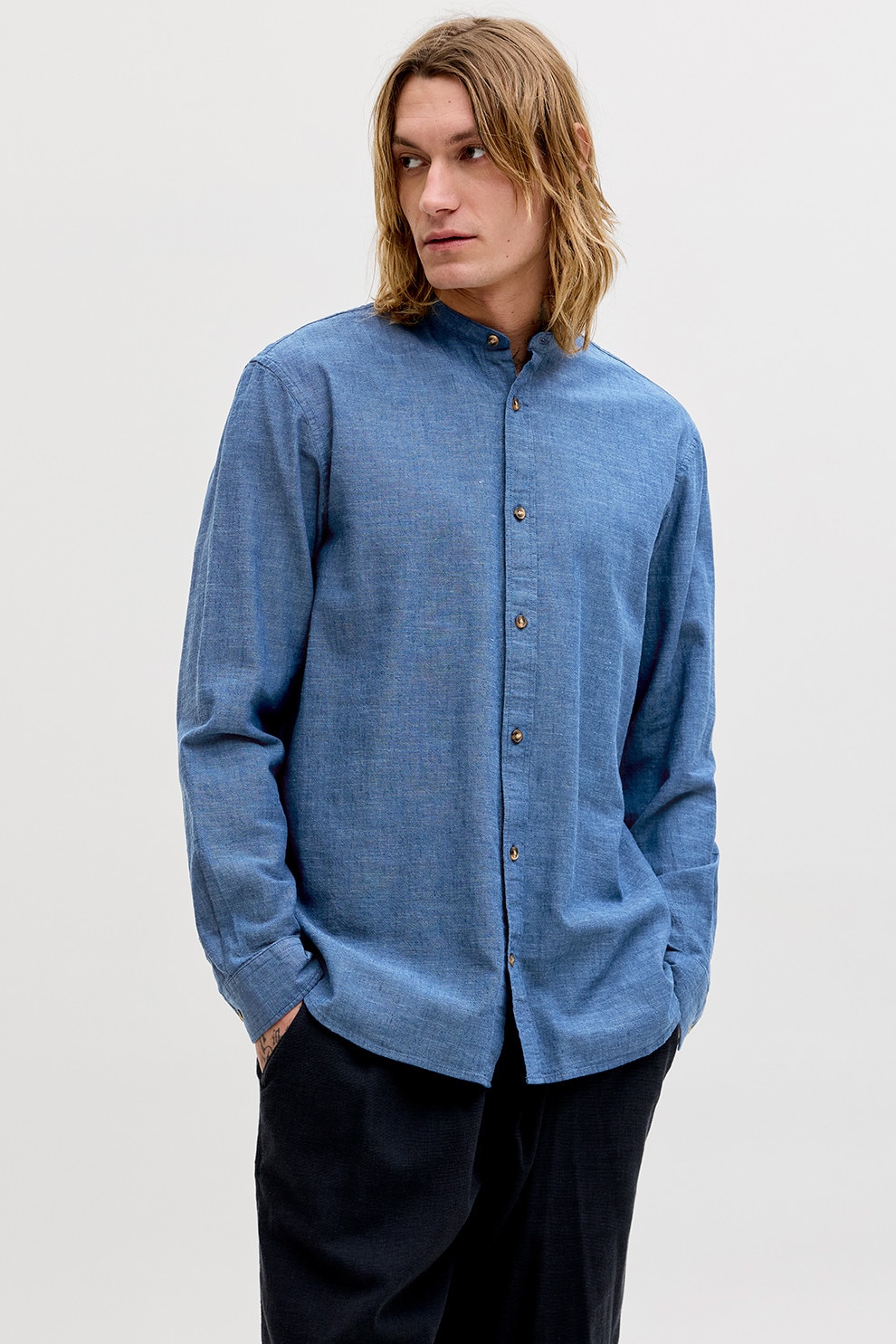 Jack & Jones, Camasa din amestec de bumbac organic si in, Albastru royal, L