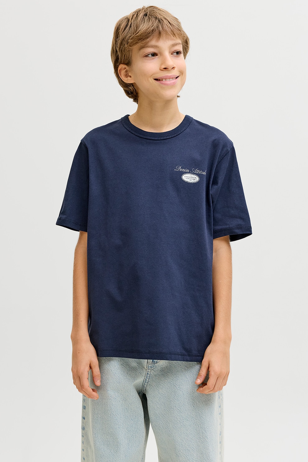 Jack & Jones, Tricou cu decolteu la baza gatului si imprimeu, Alb, Bleumarin, 176 CM