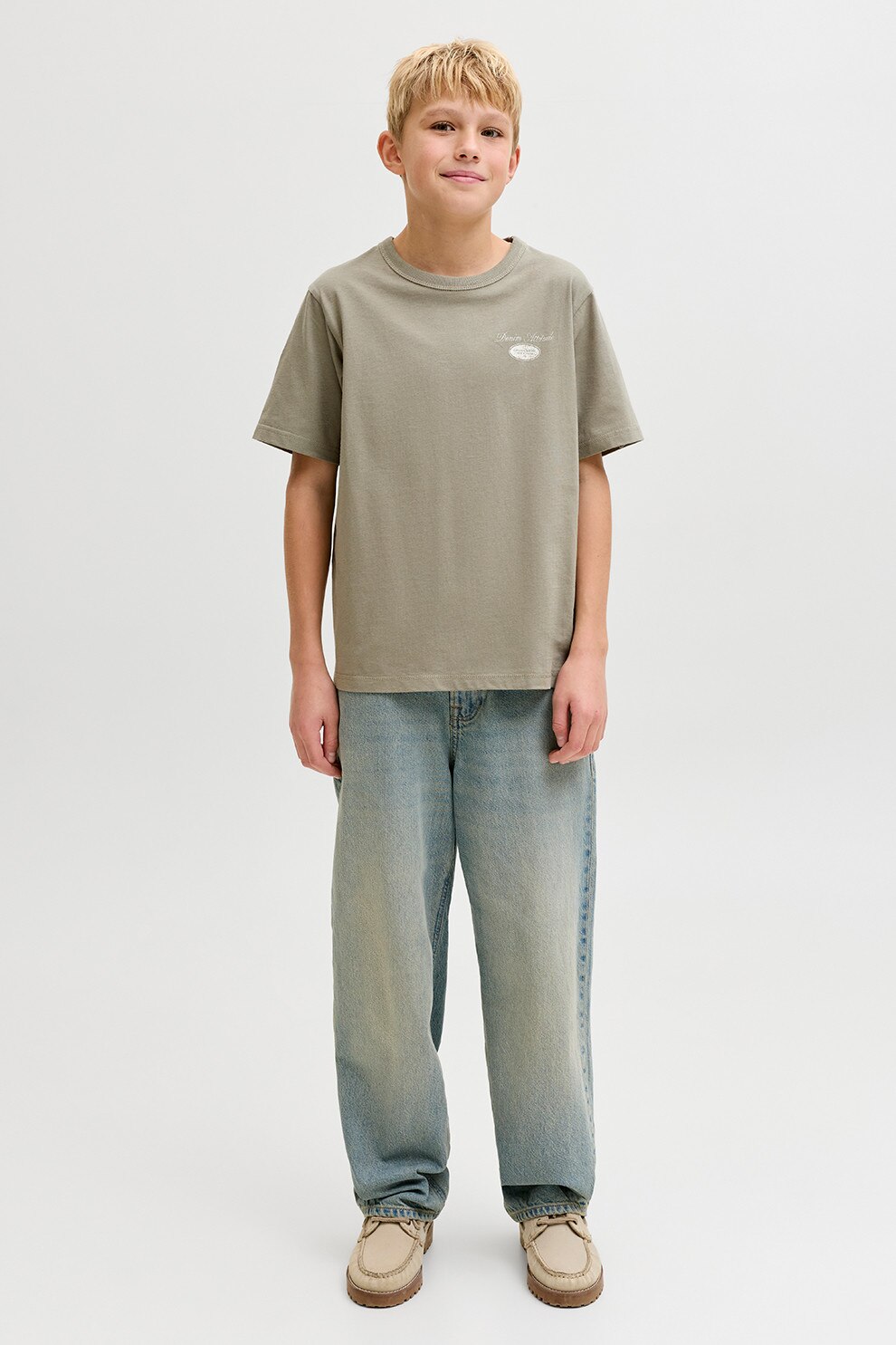 Jack & Jones, Tricou cu decolteu la baza gatului si imprimeu, Alb, Grej, 164 CM