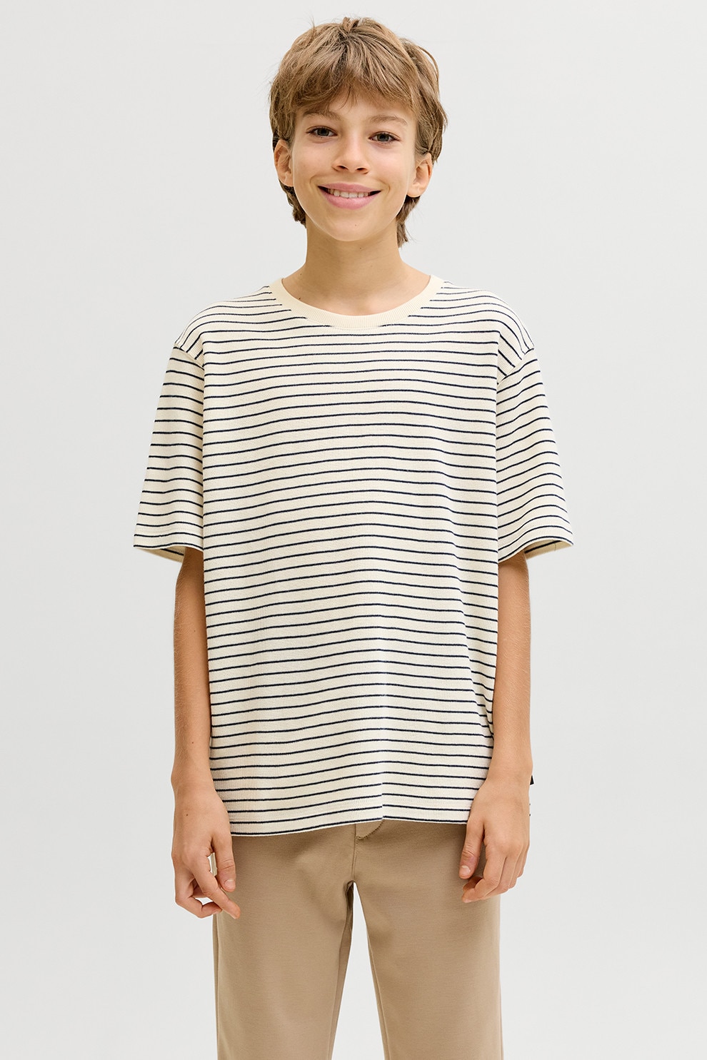 Jack & Jones, Tricou lejer cu dungi, Alb fildes, Bleumarin, 152 CM