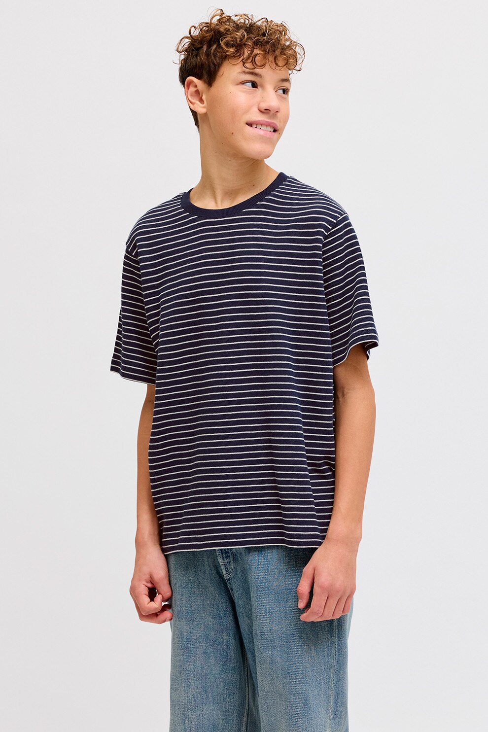 Jack & Jones, Tricou lejer cu dungi, Alb, Bleumarin, 152 CM
