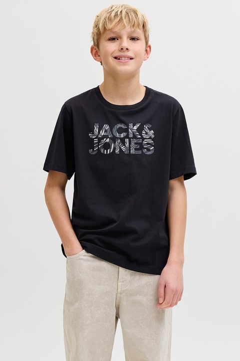 Jack & Jones, Logós organikuspamut póló, Fehér/Fekete/Antracitszürke