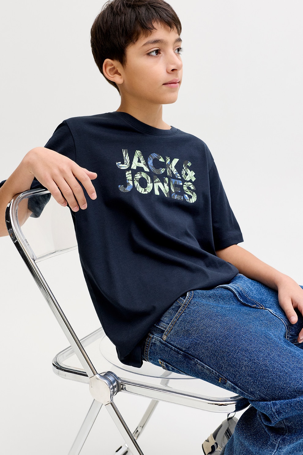 Jack & Jones, Tricou din bumbac organic cu imprimeu logo, Negru stins, Bleumarin, Verde fistic, 164 CM