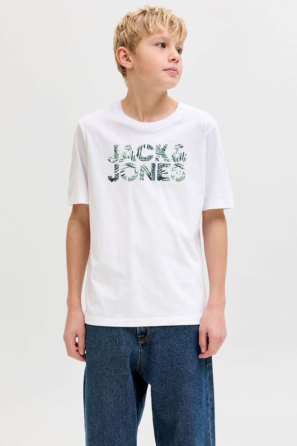 Jack & Jones, Tricou din bumbac organic cu imprimeu logo, Alb, Verde pal, Verde englez, 176 CM