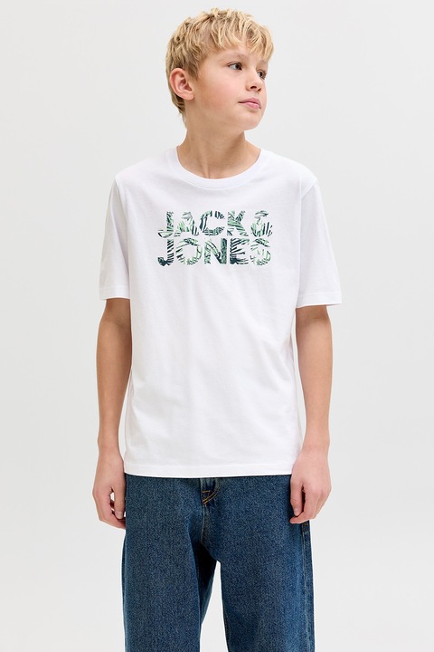 Jack & Jones, Logós organikuspamut póló, Fehér/Halványzöld/Angolzöld