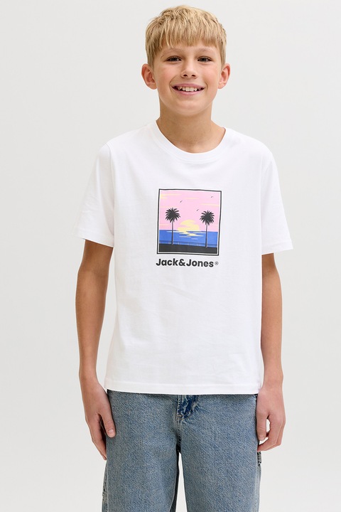 Jack & Jones, Kerek nyakú mintás pamutpóló, Fehér/Pasztellrózsaszín/Koptatott fekete/Királykék