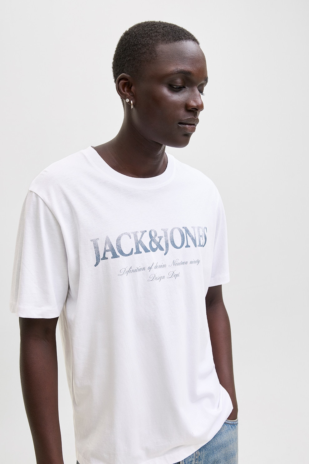 Jack & Jones, Tricou din bumbac cu logo, Alb, Albastru stins, L