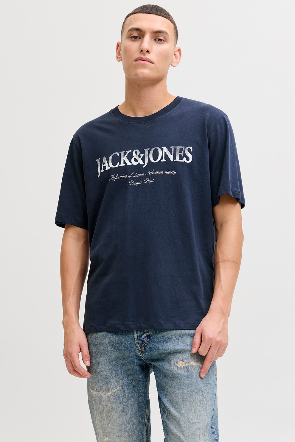 Jack & Jones, Tricou din bumbac cu logo, Alb, Bleumarin, S