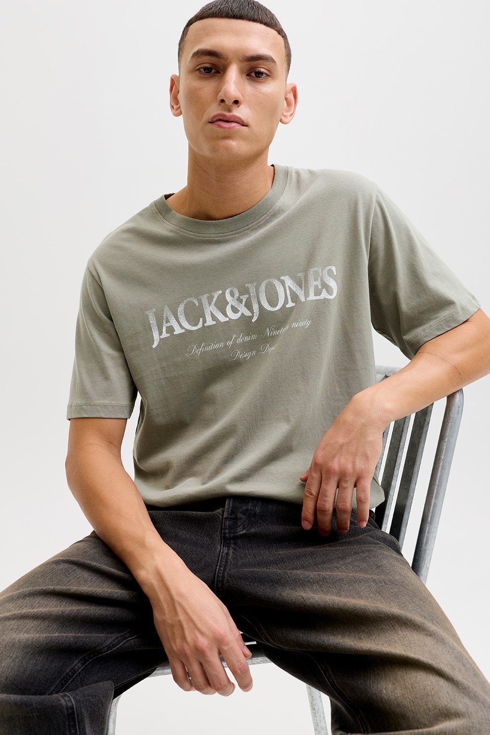 Jack & Jones, Tricou din bumbac cu logo, Alb, Grej, L