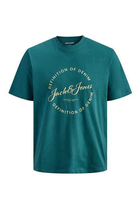 Jack & Jones, Тениска с овално деколте и лого, Бледожълт/Петролно синьо