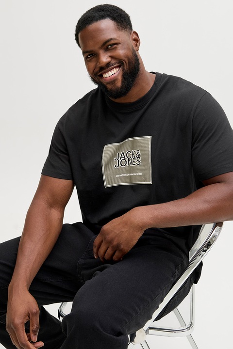 Jack & Jones, Tricou din bumbac organic cu imprimeu logo pe piept, Alb/Negru/Grej