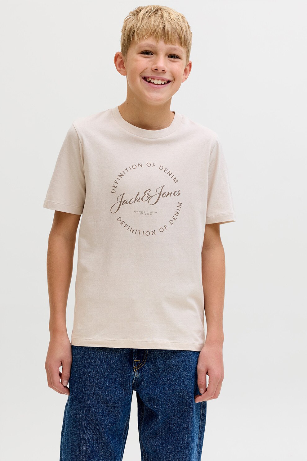 Jack & Jones, Set de tricouri cu imprimeu logo - 3 piese, Bej, Albastru azur, Bleumarin, 140 CM