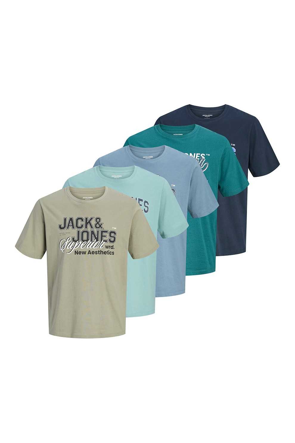 Jack & Jones, Set de tricouri cu imprimeu logo - 5 piese, Turcoaz, Albastru azur, Grej, Bleumarin, M