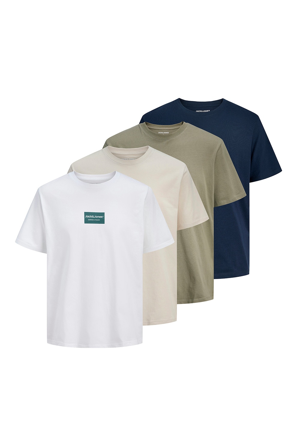 Jack & Jones, Set de tricouri cu croiala lejera - 4 piese, Alb optic, Verde sparanghel, Bej deschis, Bleumarin, XL