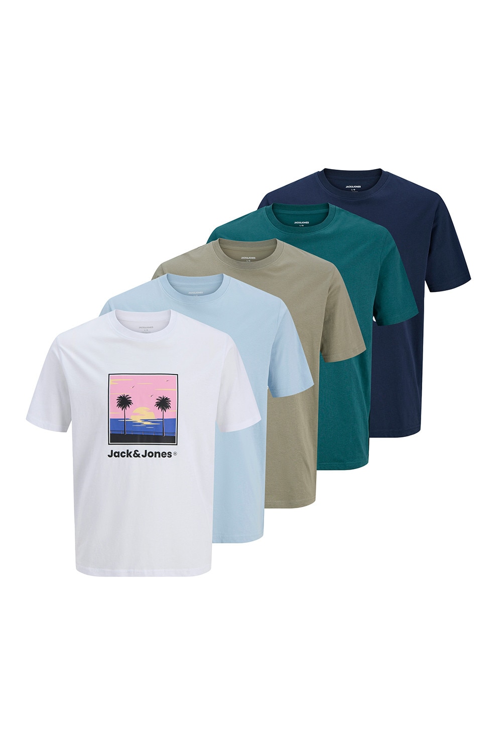 Jack & Jones, Set de tricouri din bumbac cu imprimeu - 5 piese, Alb, Roz pastel, Albastru azur, Bleumarin, L