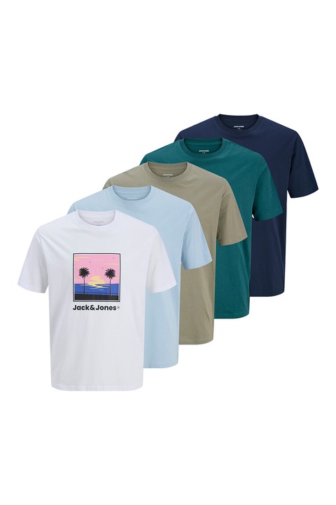 Jack & Jones, Памучна тениска с принт - 5 части, Бял/Пастелнорозов/Небесносин/Тъмносин