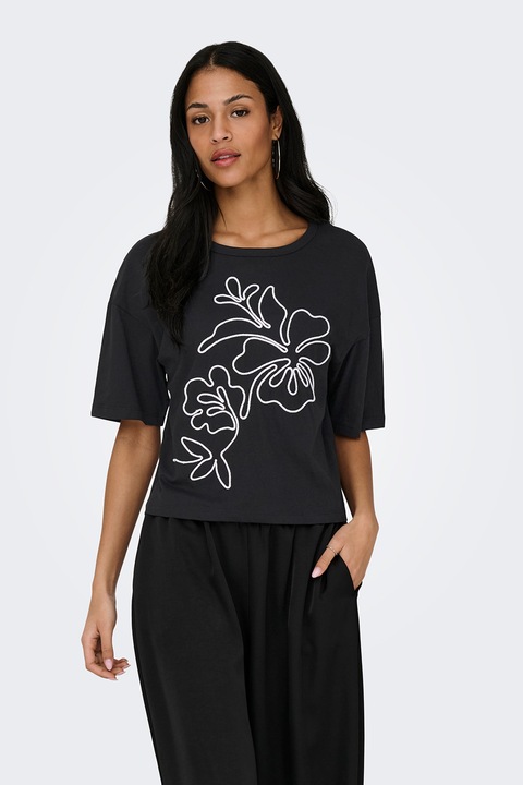 JdY, Tricou din amestec de bumbac cu broderie florala, Alb/Negru stins