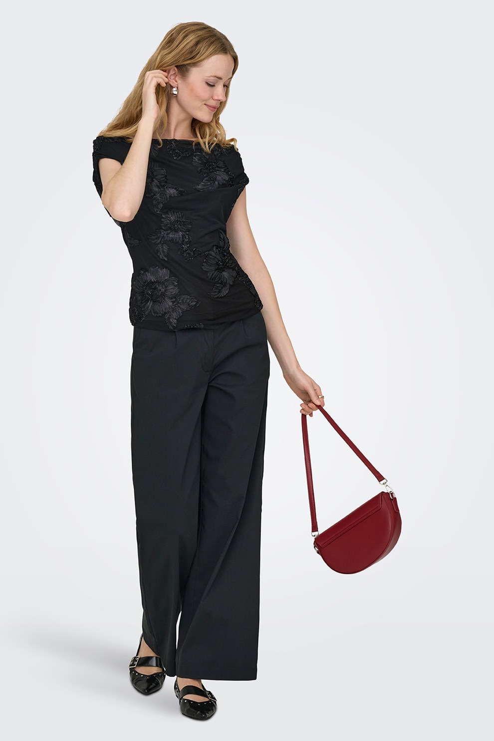 JdY, Pantaloni cu talie medie si croiala ampla, Negru, S-L32