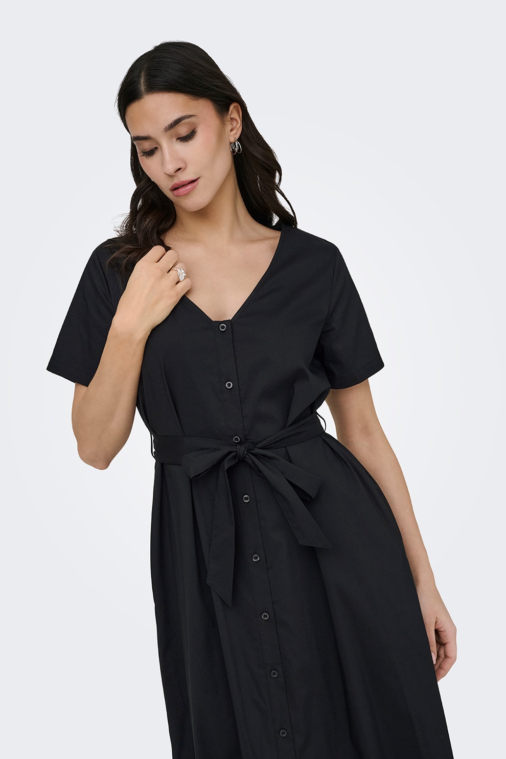 JdY, Rochie-camasa cu decolteu in V si cordon in talie, Negru, L