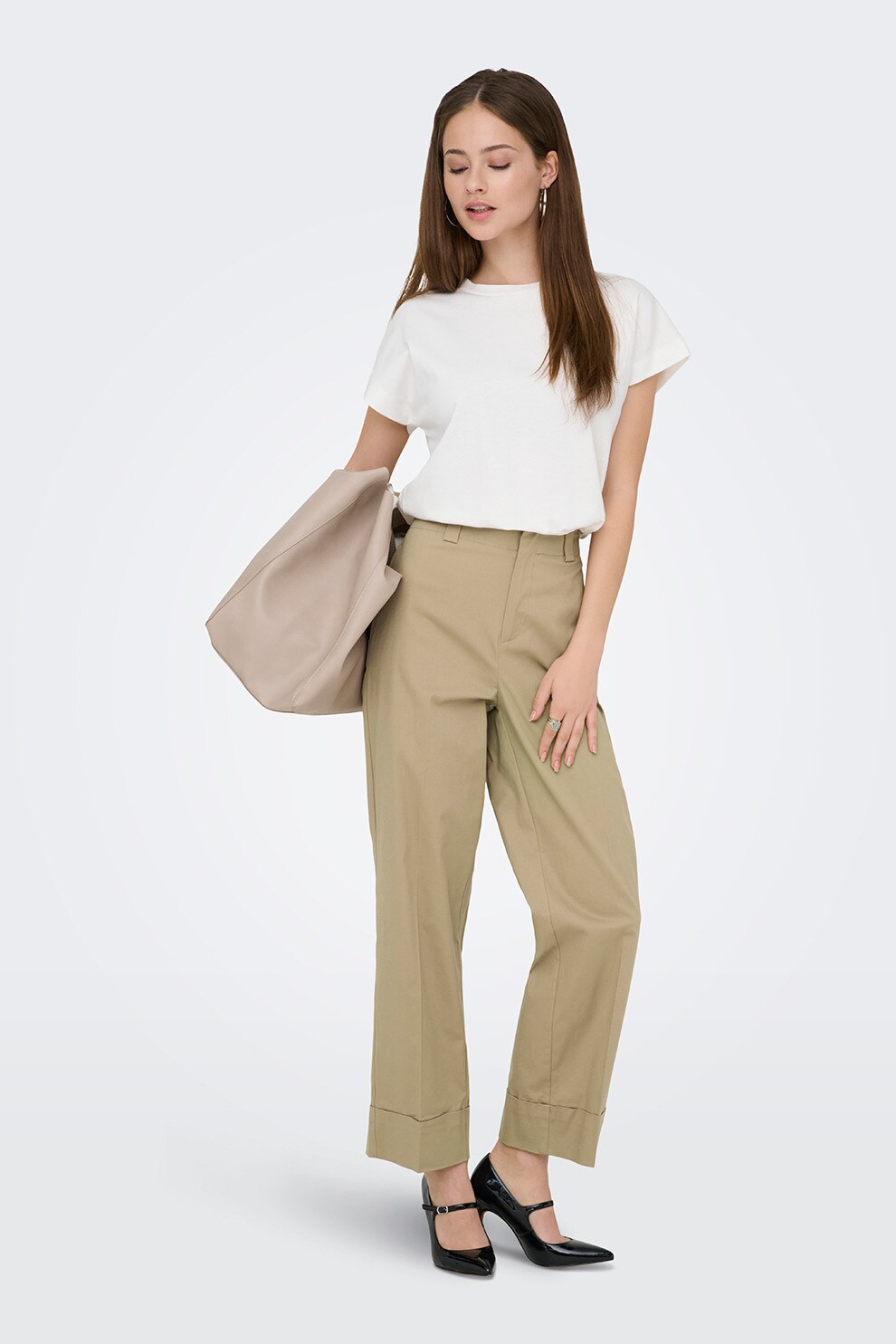 Only, Pantaloni crop cu talie inalta, Maro camel, M-L32