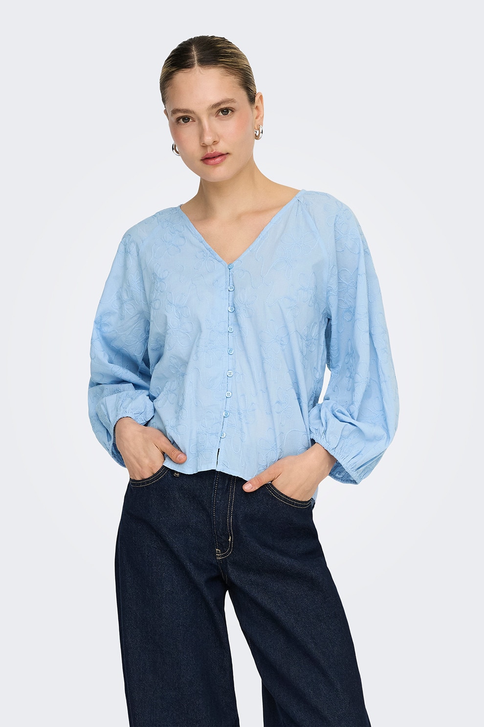 Only, Camasa cu maneci bufante si broderie florala, Albastru lavanda, M