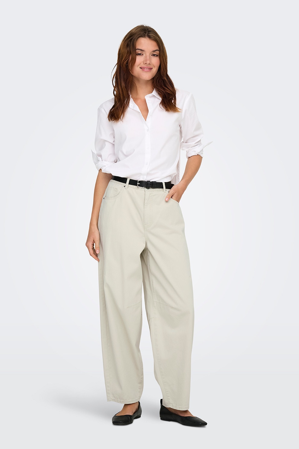 Only, Pantaloni cu talie medie Barrel, Alb murdar, M-L32
