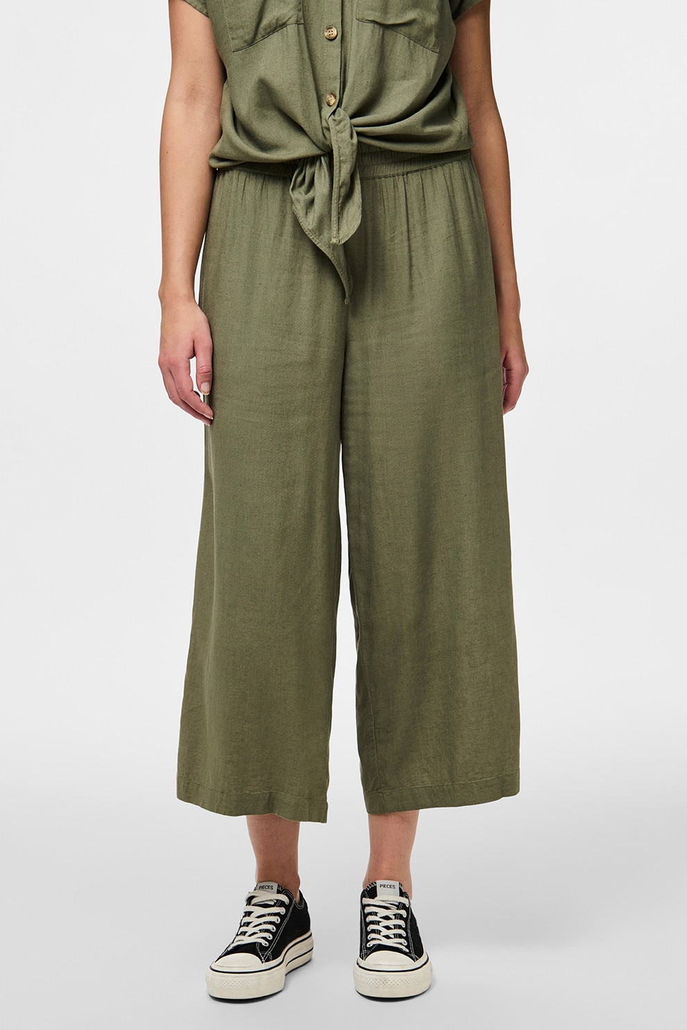 Pieces, Pantaloni culotte din amestec de in, Verde feriga, M