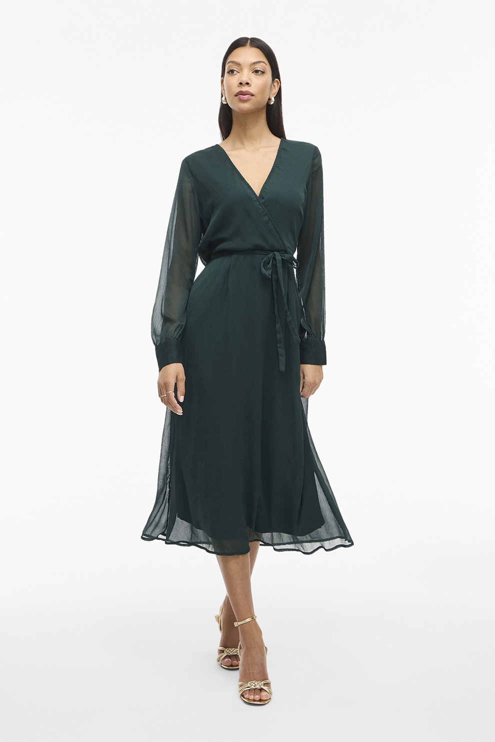 Vila, Rochie midi cu decolteu in V, Verde inchis, 38