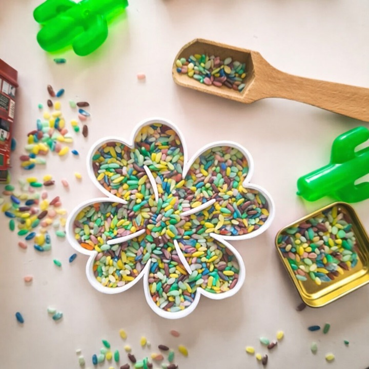 Tavita joaca senzoriala educativa forma floare de trifoi, printat 3D, 18 cm x 18 cm x 1 cm - Activitati Montessori si Sensory Play, joaca deschisa, open ended