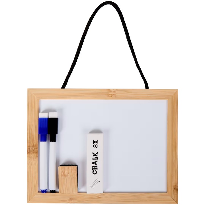 Tabla Educativa 2 Fete, pentru Marker si Creta, Rama lemn, Set Complet 6 Piese, 20x16 cm