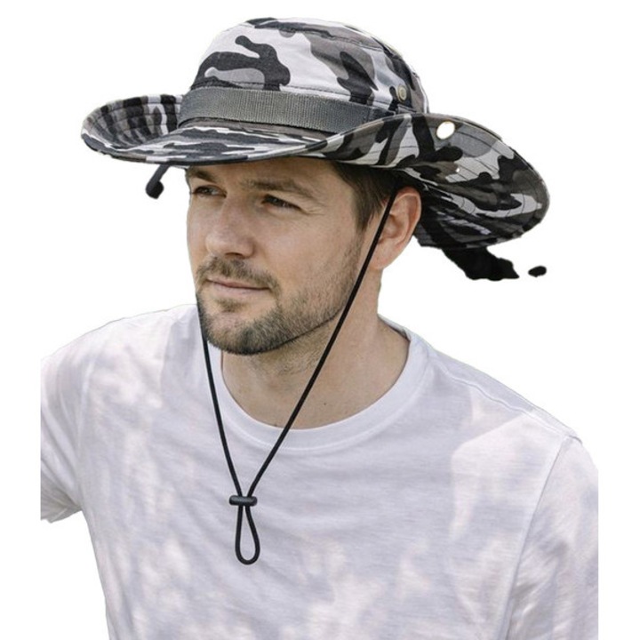 Palarie Cowboy Barbati Moro Gri 100% Bumbac, Bor Larg, Snur Sub Barbie, Reglabila 56–58 cm, Outdoor & Festival – Agrafka unisize