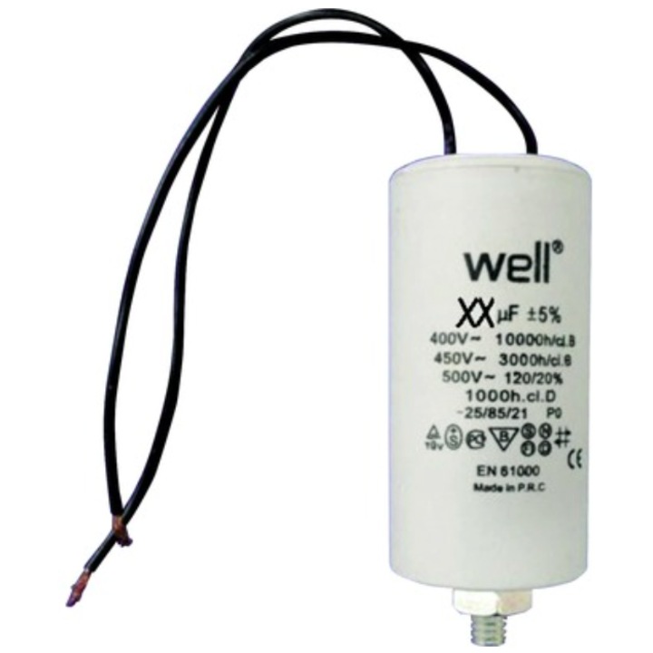 Condensator pornire motor Well 15uF 400V, cu fire de conexiune