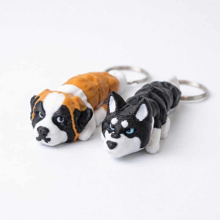 Set 2 brelocuri flexibile caini 3D printati (Saint Bernard & Husky), figurine articulate, cadou original