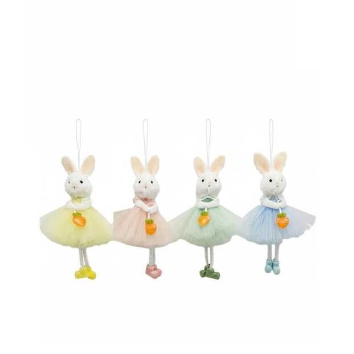 Accesoriu decorativ Iepuraș de Paște cu picioare lungi, în fustă de tul și cu morcov 15 cm KTM