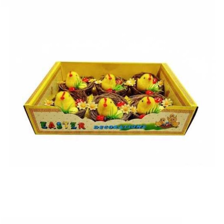 Accesoriu decorativ Pui de Paște pufos în cuib cu decorațiuni florale și buburuză 6 buc/cutie KTM