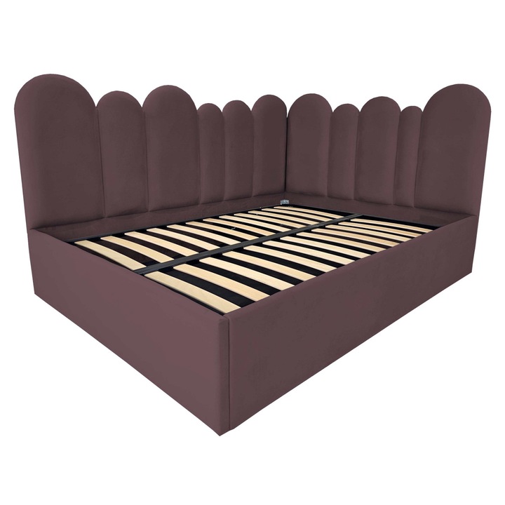 Pat tapitat, Class, Kaya, somiera metalica rabatabila, spatiu depozitare, mov deschis, 140x200cm