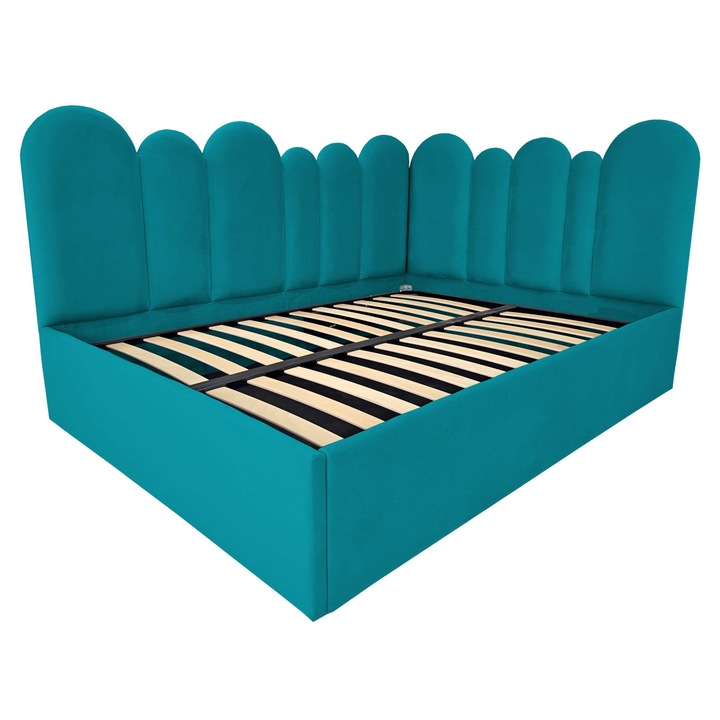 Pat tapitat Kaya, 120x200cm, somiera metalica rabatabila, spatiu depozitare, albastru azur