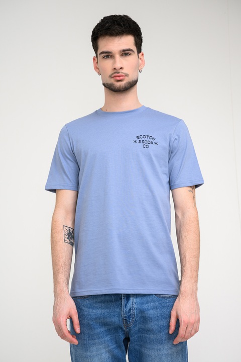 Scotch & Soda, Tricou din bumbac organic cu decolteu la baza gatului, Albastru prafuit