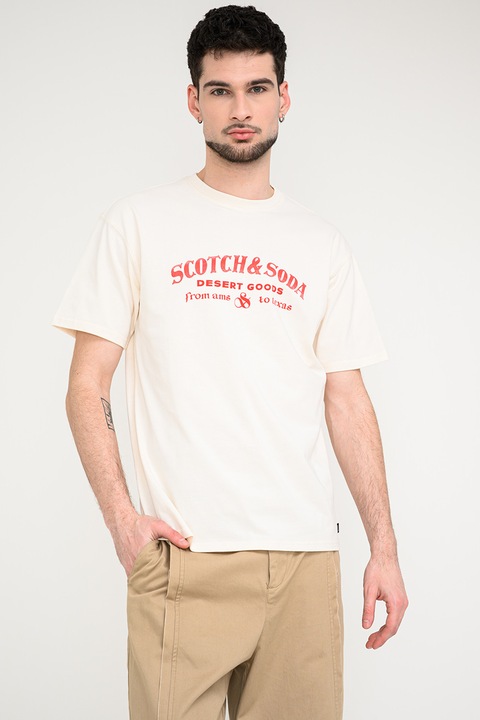 Scotch & Soda, Tricou din bumbac organic cu imprimeu logo, Rosu/Bej deschis