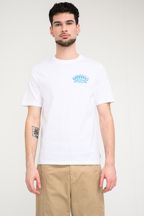 Scotch & Soda, Tricou cu imprimeu text, Turcoaz/Alb optic