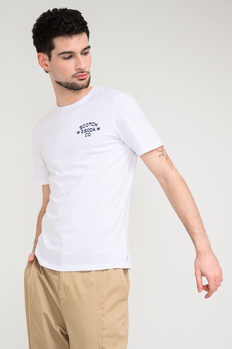 Scotch & Soda, Tricou din bumbac organic cu imprimeu logo, Alb stralucitor